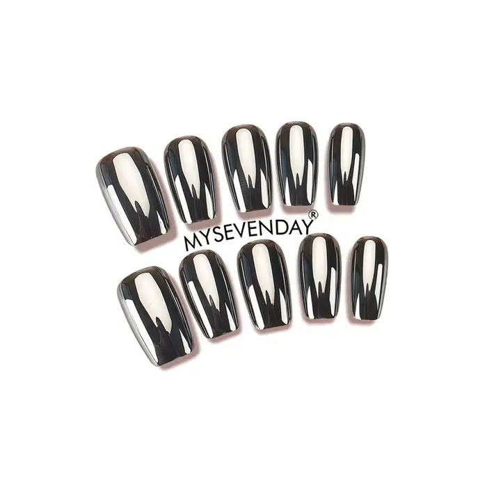 24 faux ongles métalliques argentés et noirs