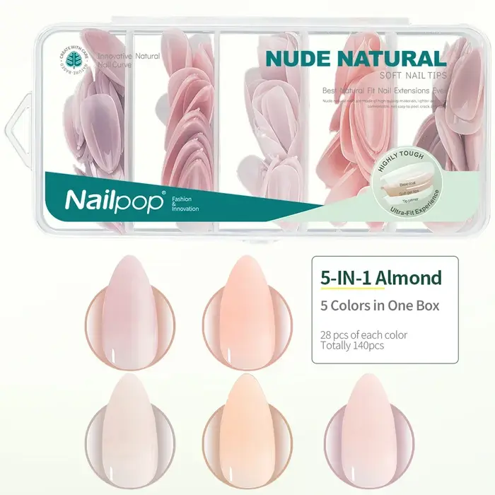 Nailpop 3-en-1 nu naturel doux ongles conseils ensemble 140 pièces tons de peau presse