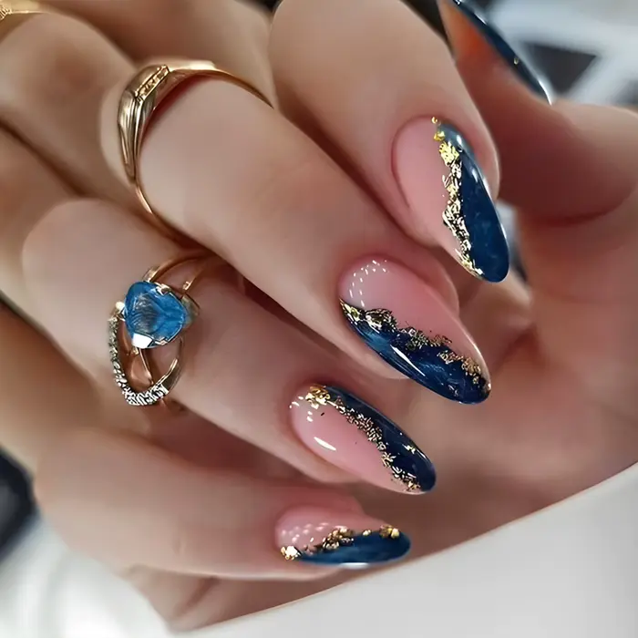 Faux ongles roses et bleus avec feuille d'or, 24 pièces, outil de manucure artificielle, pointes d'o