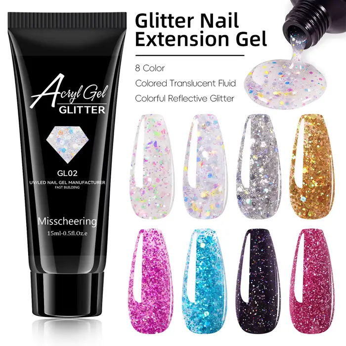 Misscheering Gel Acrylique Pailleté 15ml pour Extension d'Ongles