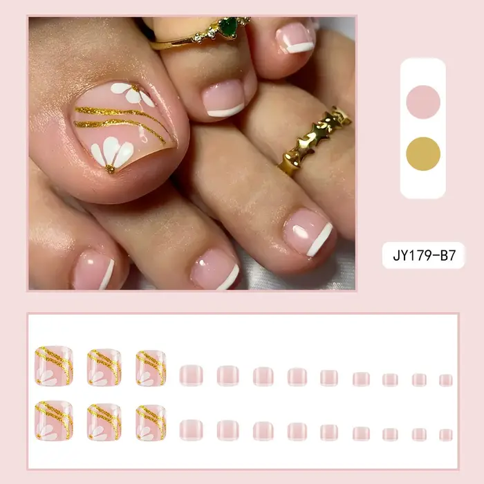 24 pièces Design français faux ongles d'orteil presse sur les ongles d'orteil été faux ongles acryli