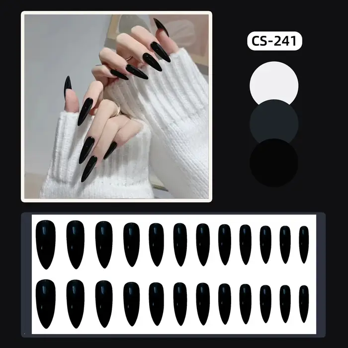 24 faux ongles noirs en résine à pointe