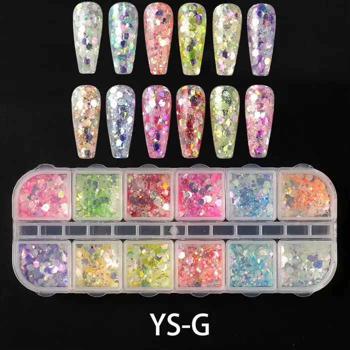 Poudre holographique hexagonale brillante pour Nail Art, 12 grilles, scintillante dans la nuit, effe