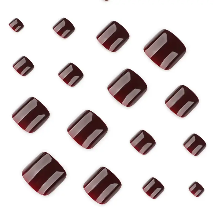 24 faux ongles de pied couleur rouge bordeaux