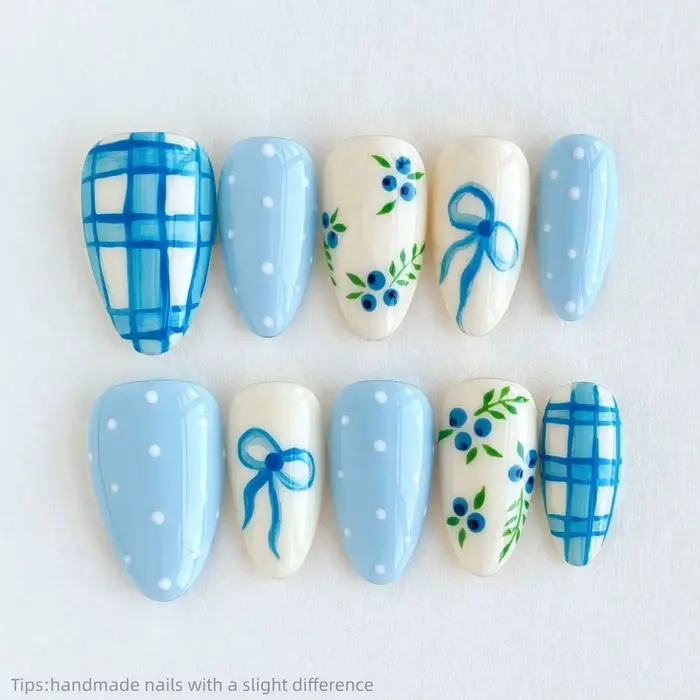 10 faux ongles adorables en forme d'amande, design à motifs de fruits frais et de dessins animés, st