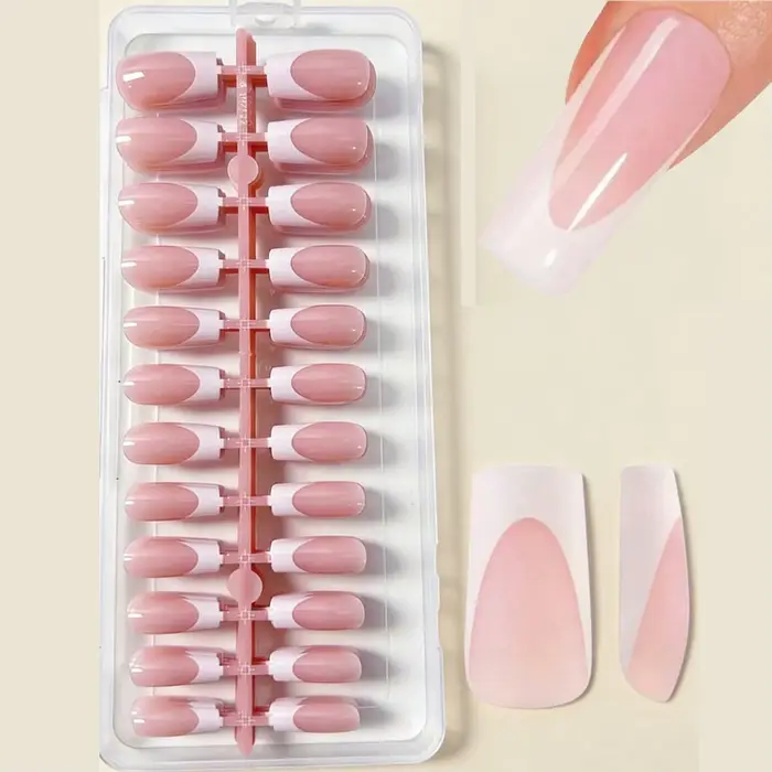120 faux ongles carrés français en acrylique rose clair et blanc, disponibles en 12 tailles différen