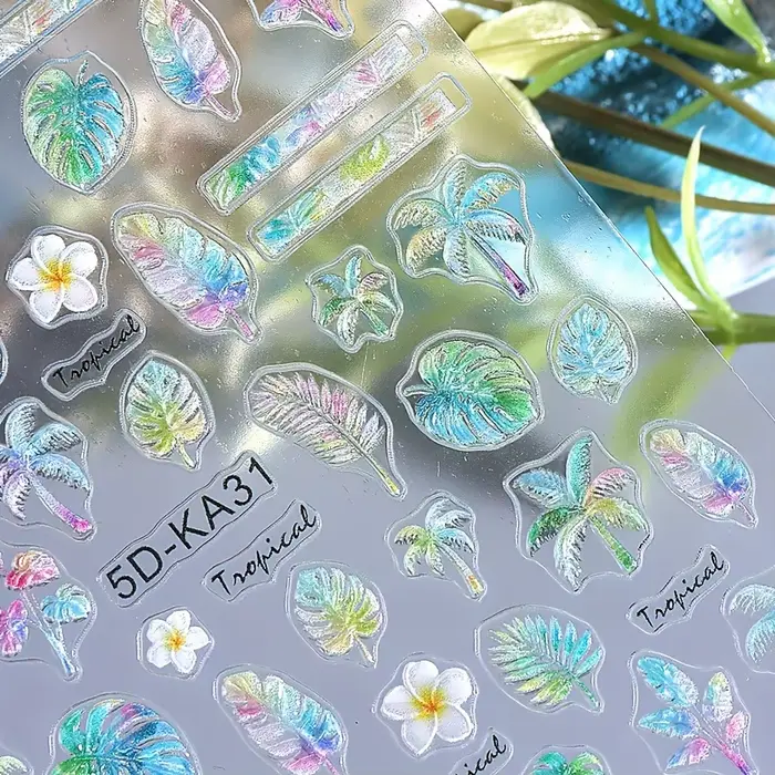 Autocollants pour ongles en relief avec des motifs floraux et d'animaux de plage d'été