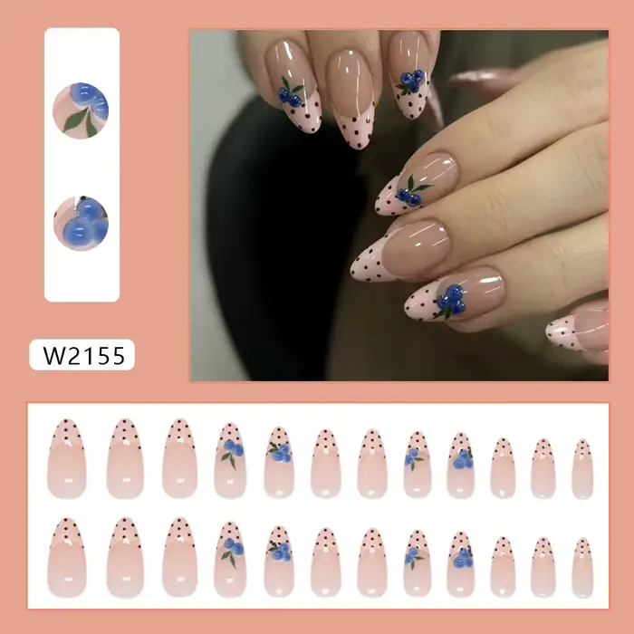 Faux ongles à presser en amande, nude à pois, style French, avec décor 3D Myrtille, amovibles, pour femme, manucure tendance, pour le printemps, le quotidien et les rendez-vous