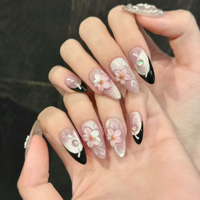 10 pièces 3D sculpture fleur de pêche presse sur ongles paillettes rose oeil de chat amande été à la