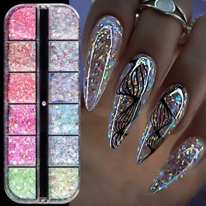 12 grilles Aurora caméléon ongles paillettes flocons irréguliers cristal verre