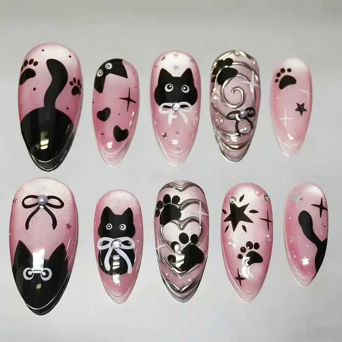 24 pièces doux Cool rose oeil de chat presse sur ongles chat noir imprimé amande faux ongles pour fe