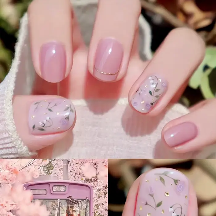 Faux ongles moyens pour femmes et filles, fleurs de printemps et d'été, couleurs bleu violet blanc, 