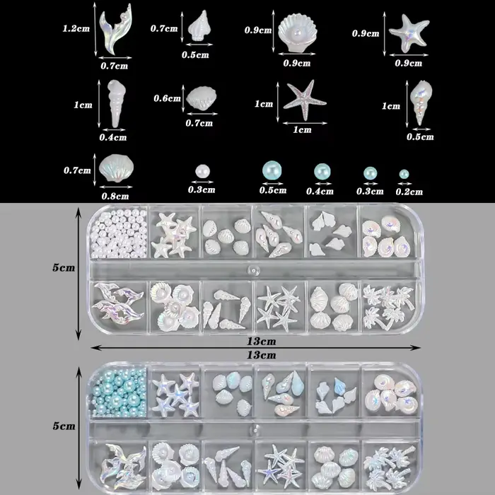 12 compartiments de décorations pour nail art style océan estival