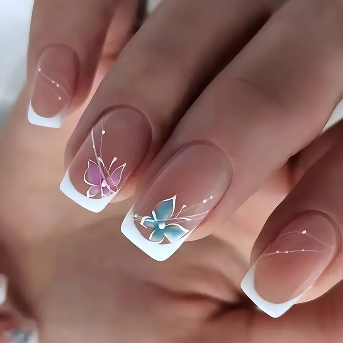 Faux Ongles Courts à Presser pour la Saison Printemps Été, 50 Styles de Fleurs, Papillon, Pointes d'