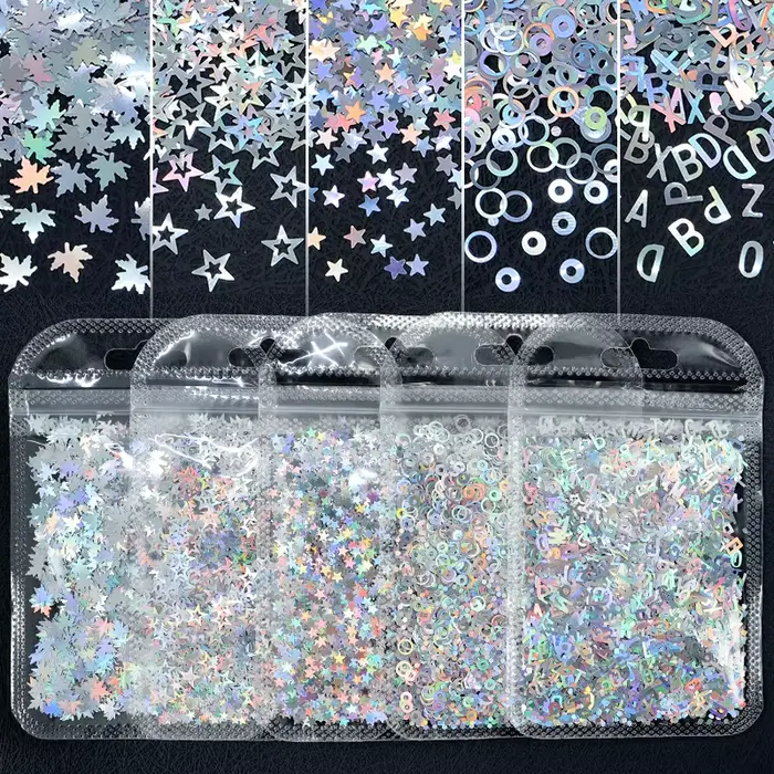 Paillettes holographiques Laser argentées pour Nail Art, flocons papillon amour coeur lettre paillet