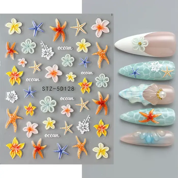 Autocollants pour ongles étoile de mer Kawaii, 2 pièces, autocollants floraux 3D pour Nail Art, auto