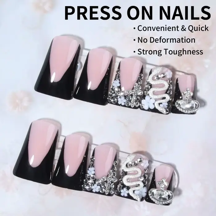 24 pièces Long canard noir pointe française presse sur ongles croix en alliage 3D