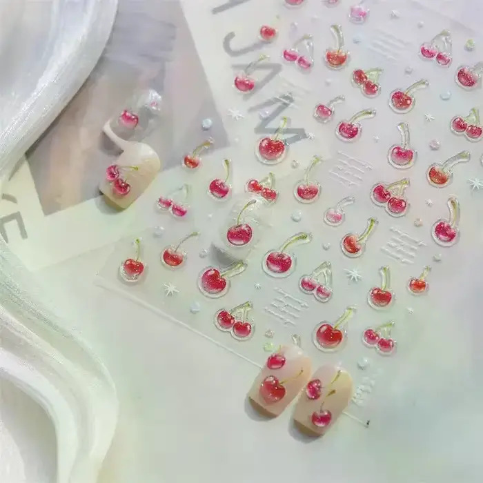 Autocollant d'art d'ongle de cerise rouge de gelée douce gaufrage fille femmes