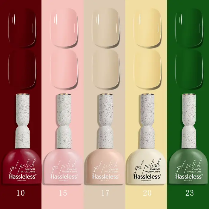 Ensemble de vernis à ongles 5 couleurs, comprenant cinq teintes : rouge bordeaux, rose pêche, nude l