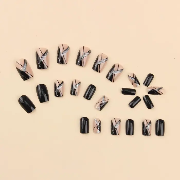 24 pièces carré noir couverture courte presse sur ongles argent rayure faux ongles réutilisable faux