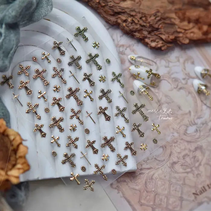 Autocollants pour ongles rétro croix, accessoires de Nail Art, or argent bronzant, multi-stely croix