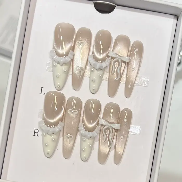 Faux ongles de danseuse de Ballet avec jupe à nœud, œil de chat brillant, à pression, pour femmes, à