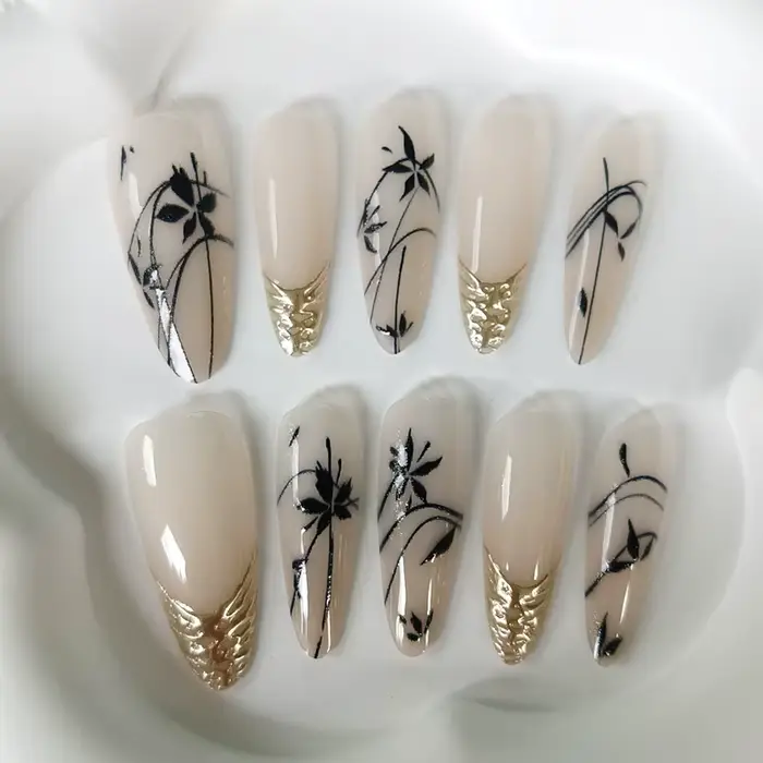 10 faux ongles élégants pour femmes, style français, longs, en forme d'amande, avec silhouette de ba