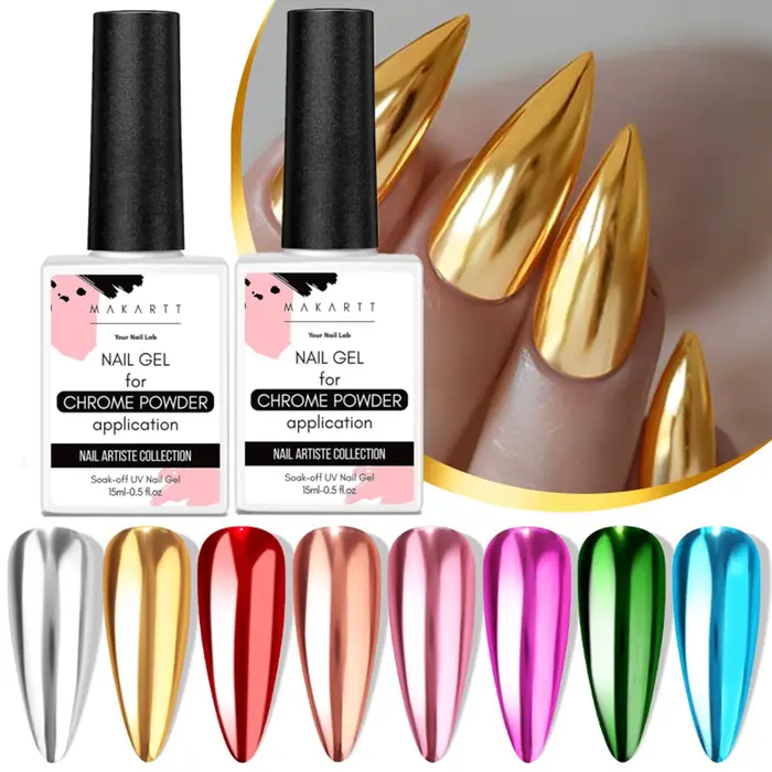 Top Coat Gel pour Poudre Chrome : Effet Miroir Brillant, Sans Résidu, Longue Durée, Soak Off, Lampe 