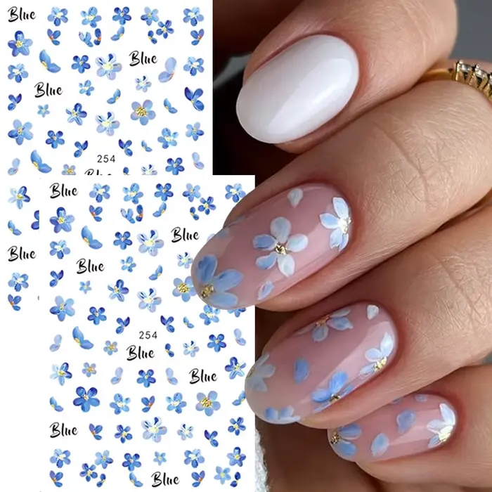 Autocollants pour ongles 3D fleurs de couleur d'eau bleue, 2 pièces, pétales adhésifs Kawaii, curseu