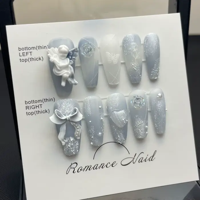 Faux ongles mignons faits à la main, motif petit monstre, N64.avec nœud, étoiles, presse sur N64.Wea