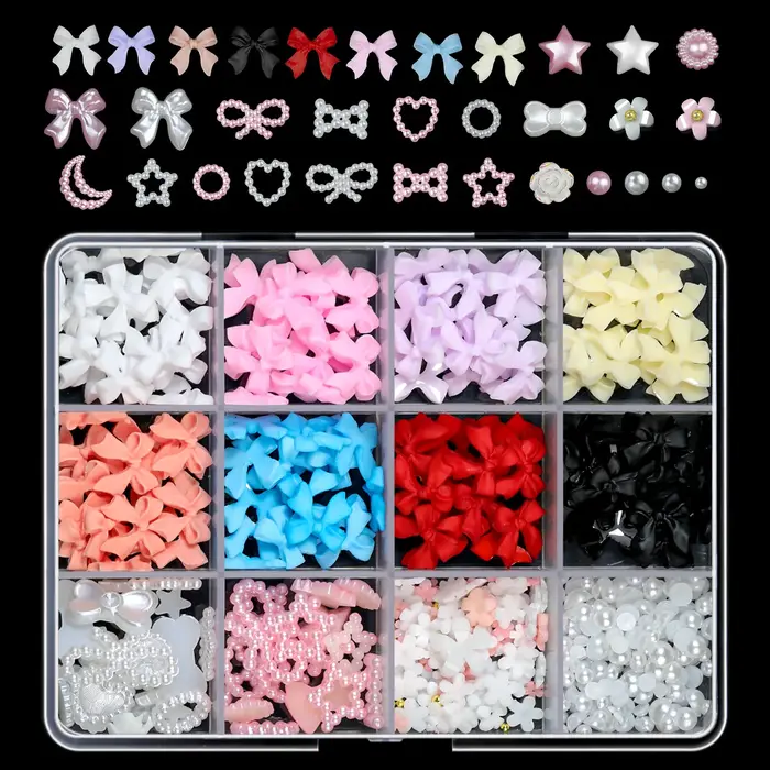 1 boîte rose blanc série arc coeur breloques pour ongles 3D acrylique Nail Art décorations perle 5 pétales fleur bijoux
