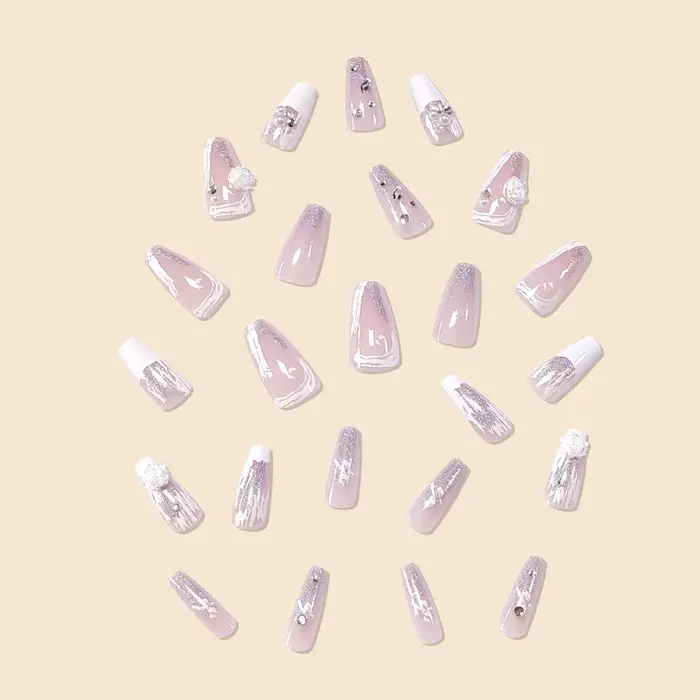 Nouveau femmes filles 24 pièce/ensemble moyen Ballet français blanc camélia pierre décoration couverture complète portable faux ongles presse sur Nail Art