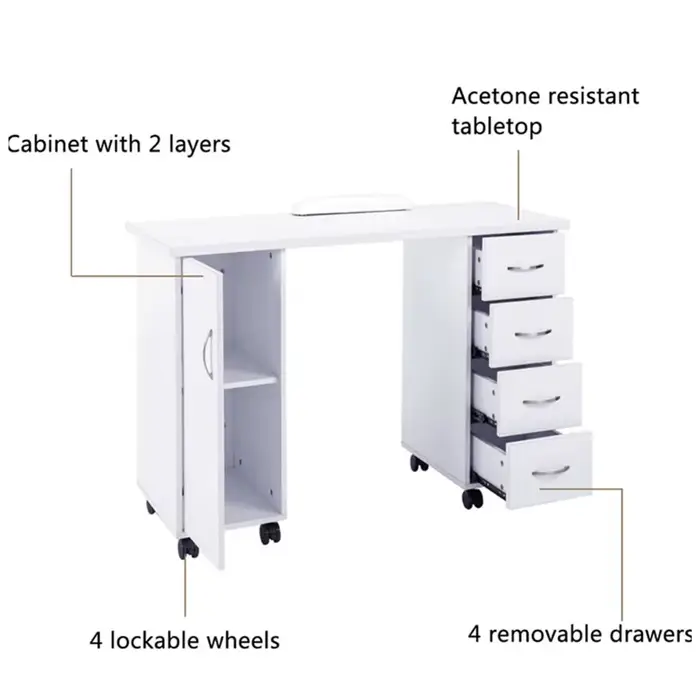 Table de manucure blanche, en bois, hauteur 75 cm/29,5 pouces, table à ongles portable, avec support pour les mains, bureau de manucure pour salon de beauté
