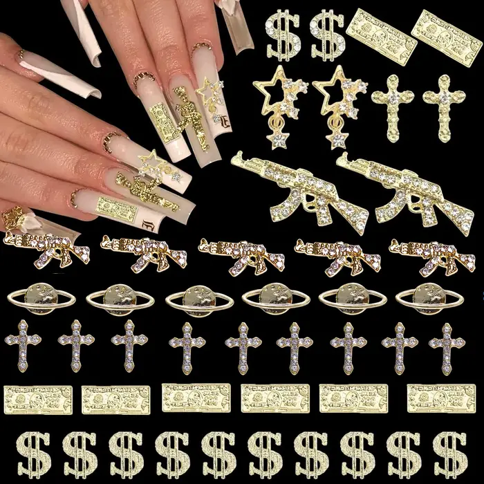 55 pièces pistolet ongles breloques 3D croix Nail Art bijoux or Dollar signe