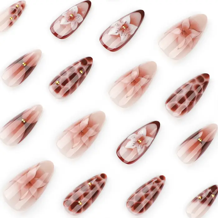 24 pièces rétro amande presse sur ongles marron marbre fissures fleur de glace imprimé faux