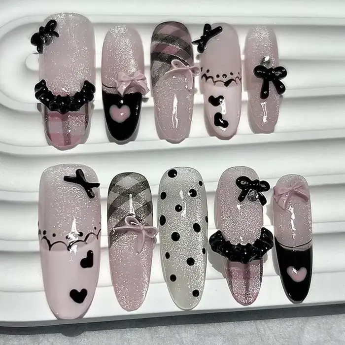 Noir rose doux français amande presse à la main sur les ongles grille à pois amour jupe Ballet faux 