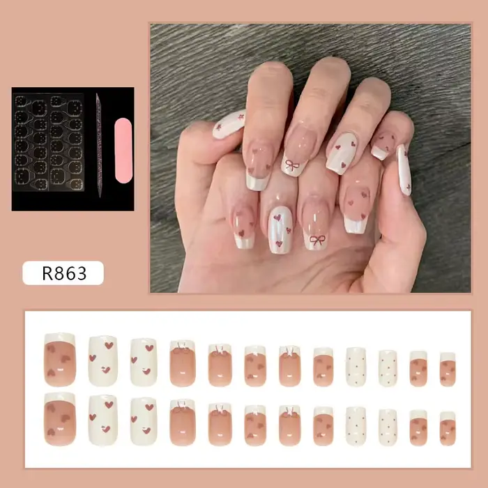 Faux ongles courts à presser style ballet, nude blanc, French, avec motif cœur rouge et mini nœud, a