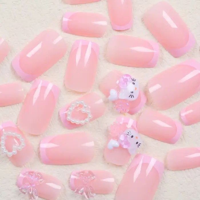 24 ongles carrés moyens rose français mignon dessin animé chat blanc amour camélia Patch