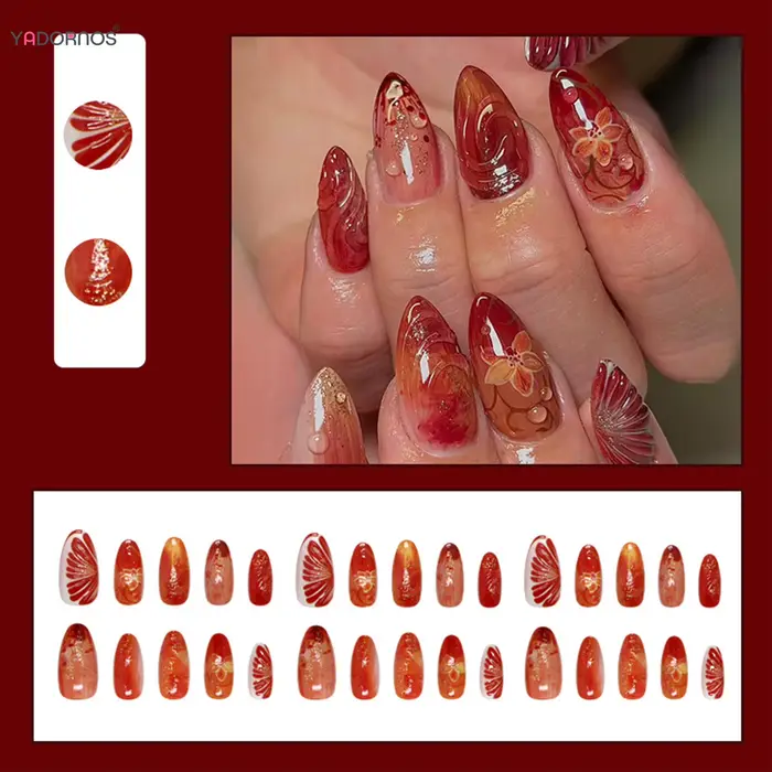 30 faux ongles rouges à pression avec paillettes brillantes