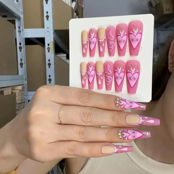 24 pièces/boîte, faux ongles floraux de style rustique français, amovibles et réutilisables, ensemble d'ongles en acrylique à presser, longs ongles artificiels de type ballet.