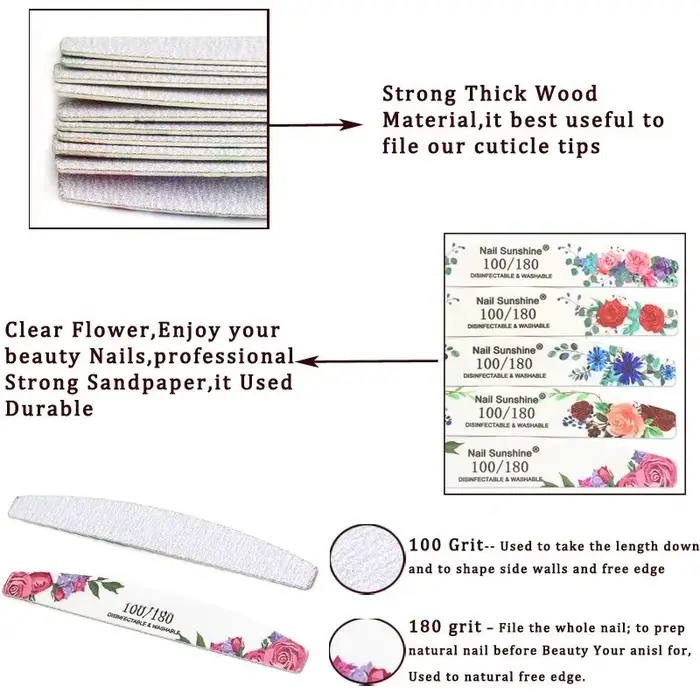 10 pièces Lot limes à ongles professionnelles 100/180 grain bois fort papier de verre émeri double f