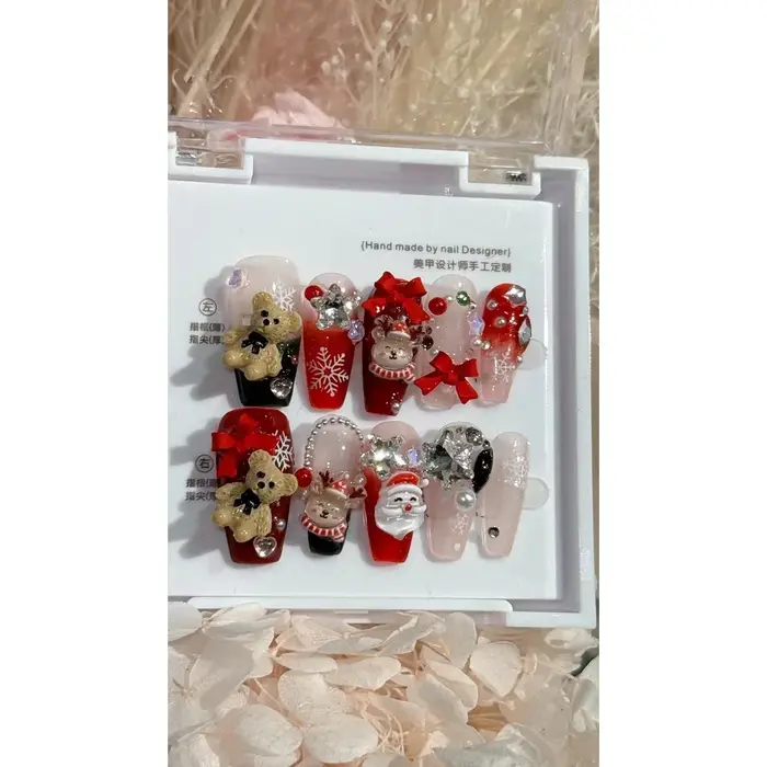 Faux ongles amovibles faits main, motif ours mignon de dessin animé, nœud, élan, éléments de Noël, r