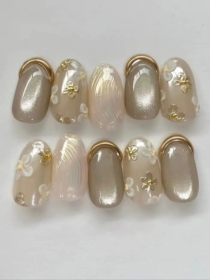 Ensemble de 10 faux ongles de luxe couleur nude pour demoiselles d'honneur, fabriqués à la main avec
