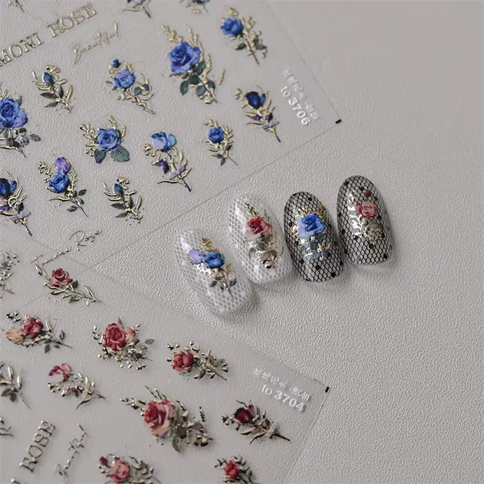 Autocollants pour ongles japonais Vintage, fleur de Rose rouge et bleue, Laser or argent, décalcoman