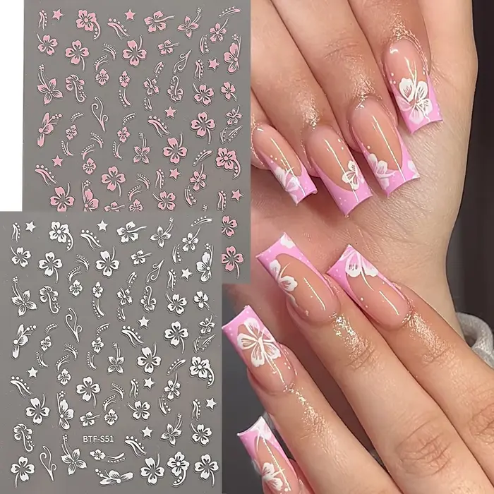 Autocollant pour ongles motif fleur d'hibiscus rose et blanc