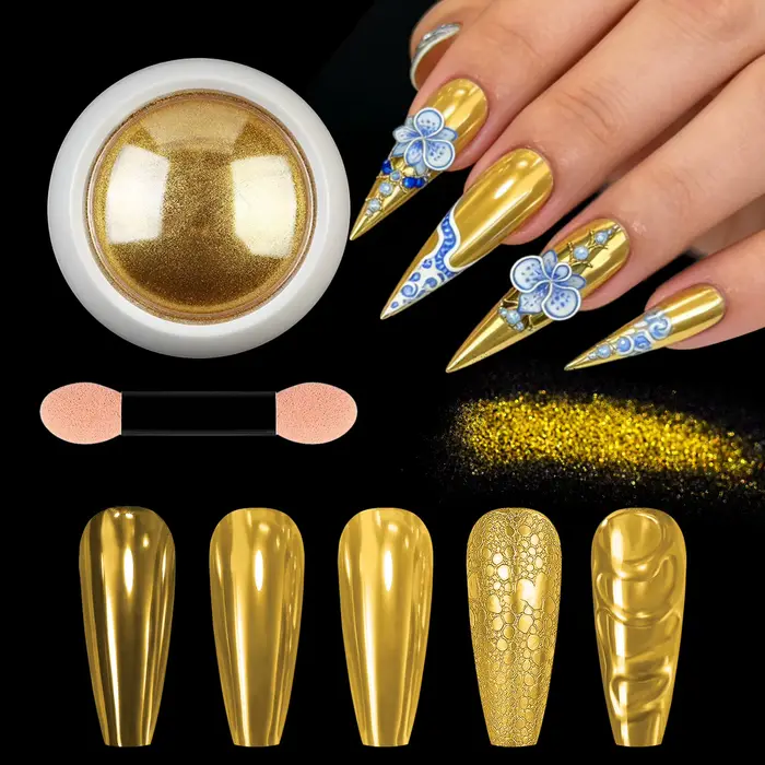 Kit de poudre à ongles effet miroir chromé, pigment scintillant métallique argenté/doré avec pinceau