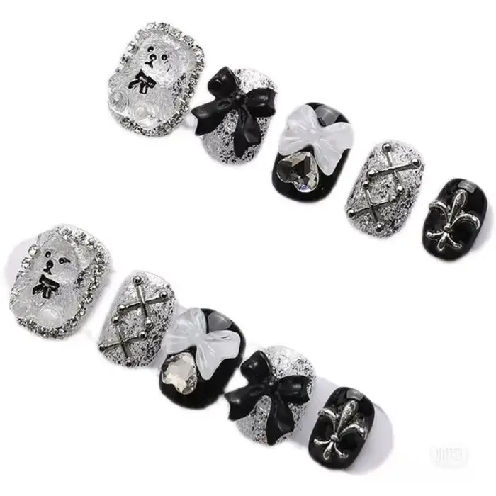Faux ongles à porter en dentelle transparente, style Ours Lolita sombre, faits main, amovibles, avec