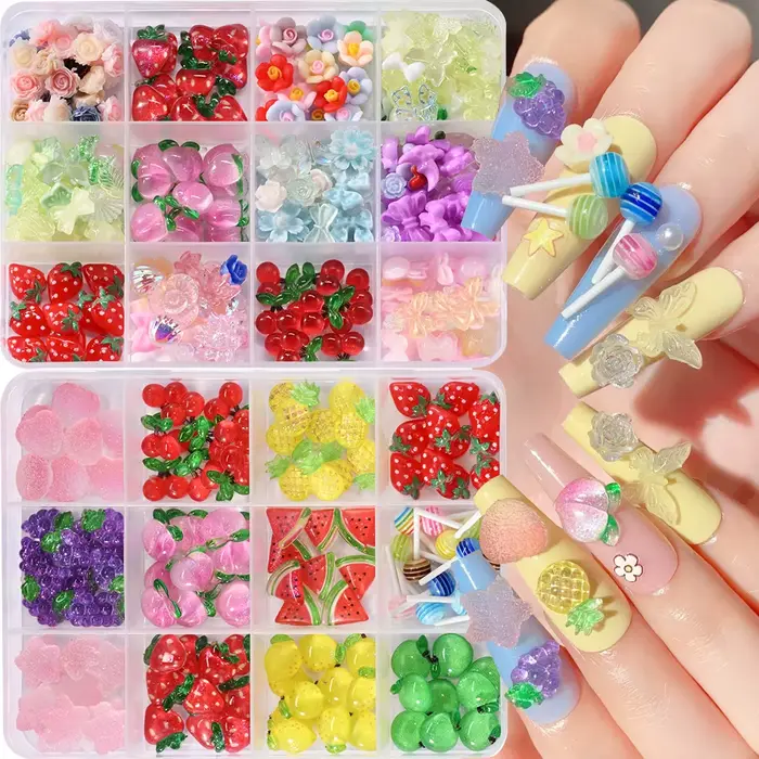Breloques 3D pour ongles, mélange de Fruits, sucette, fleur, cerise, fraise, pastèque, décorations N