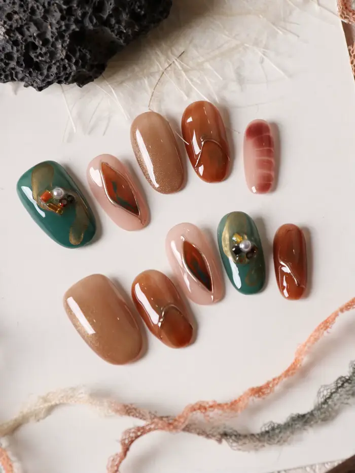 10 faux ongles à presser Marron Vert Effet Halation pour le bureau et le quotidien Kit d'ongles artificiels Nail Art DIY