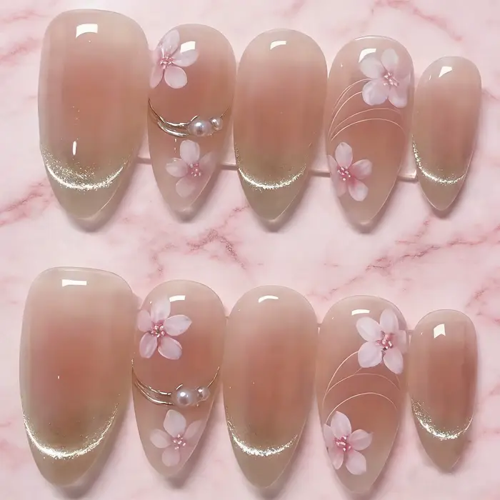 10 faux ongles Sakura faits à la main